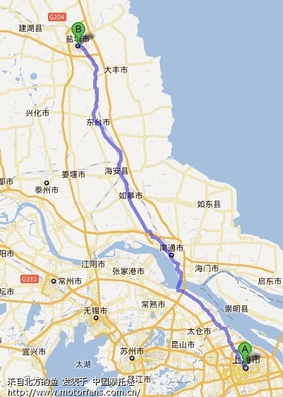 请教各位前辈上海闸北到江苏盐城开摩托详细路