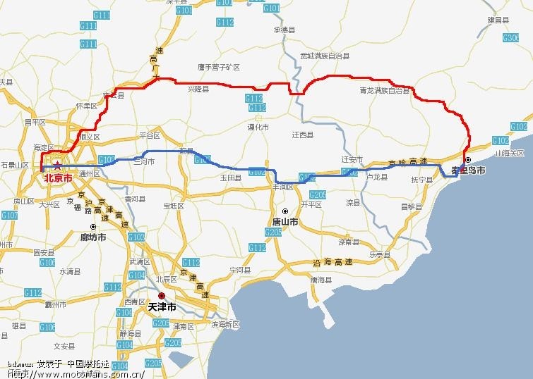 骑摩托不走高速北京-秦皇岛山清水秀路线图 - 